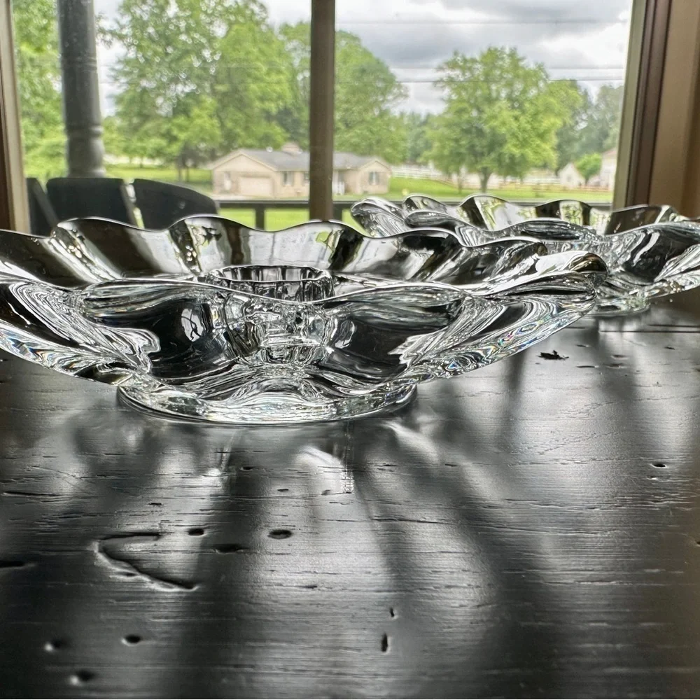 VINTAGE, PRESSED GLASS, CLEAR, FLOWER SHAPED, CANDLE HOLDERS.